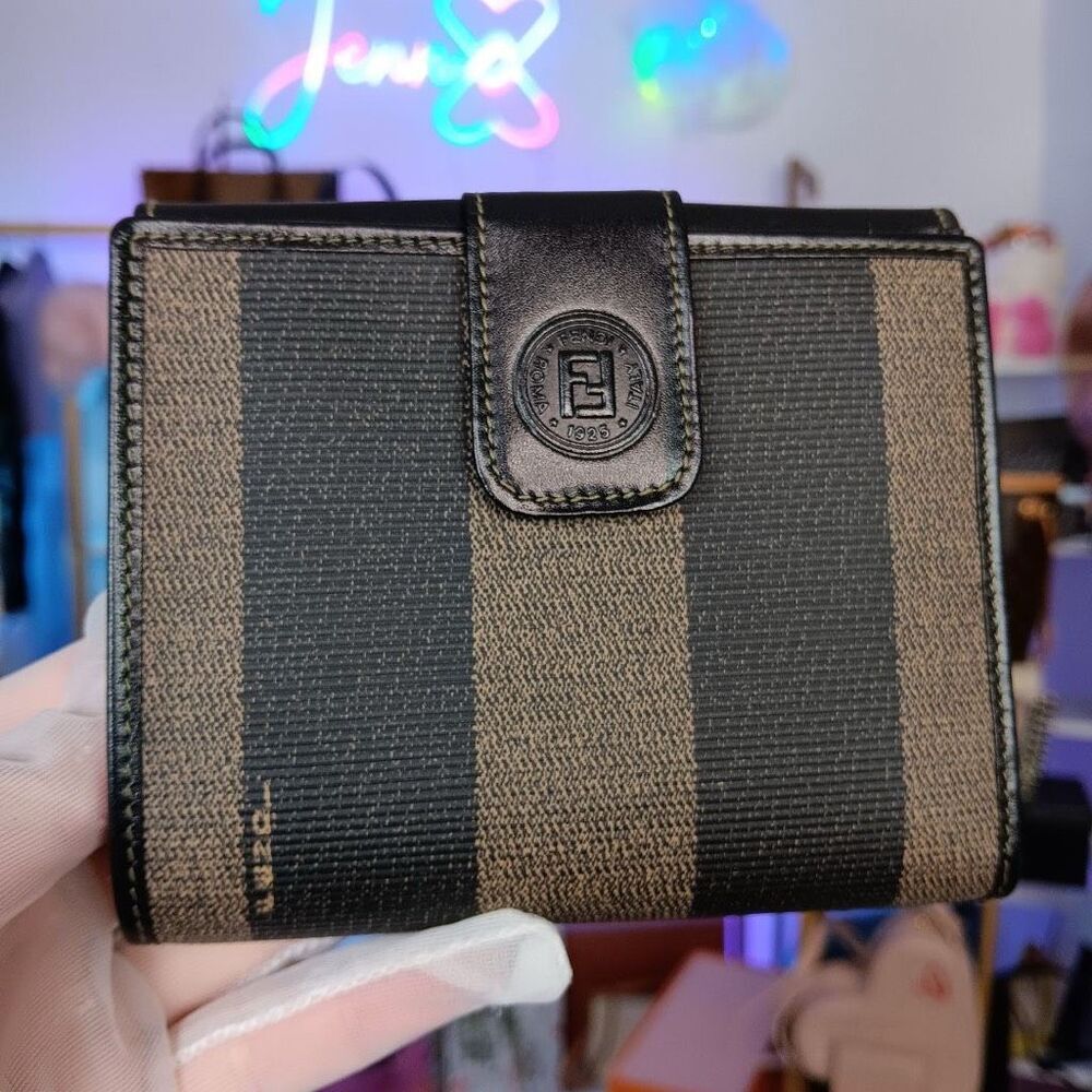Vintage Fendi Pequin Green/Black Leather Canvas Compact Wallet